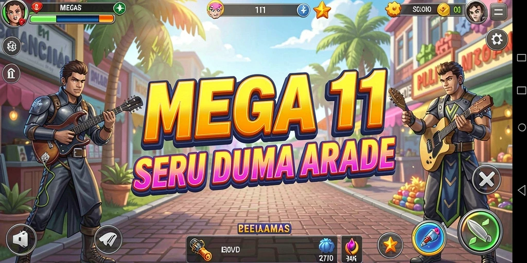 Screenshot utama MEGA111 menampilkan aksi seru gameplay Arcade.