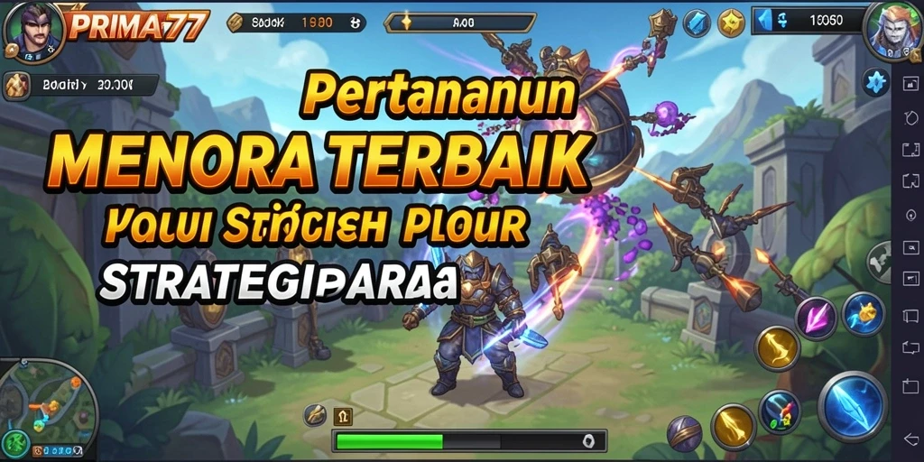 Screenshot permainan PRIMA77 menunjukkan aksi menara pertahanan yang epik.