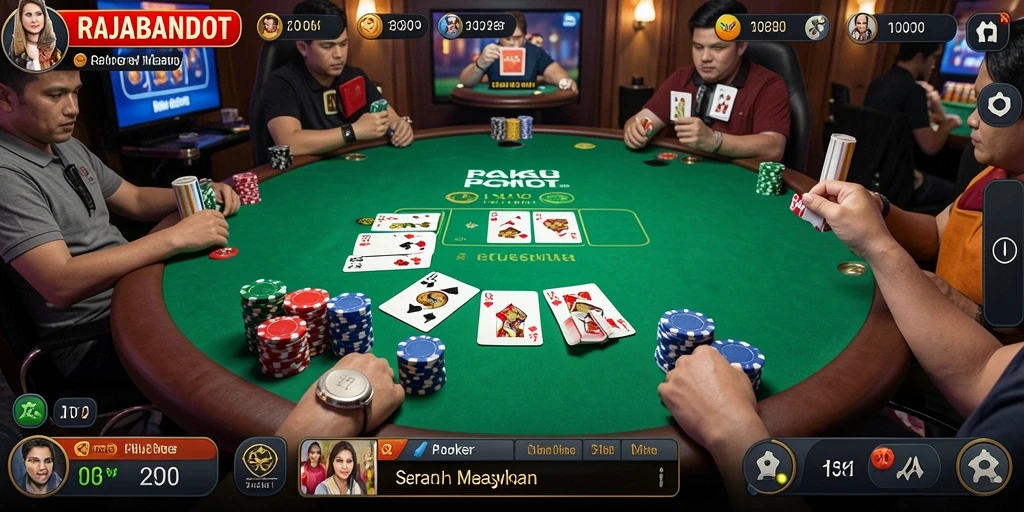 Screenshot gameplay RAJABANDOT yang menunjukkan aksi poker seru.