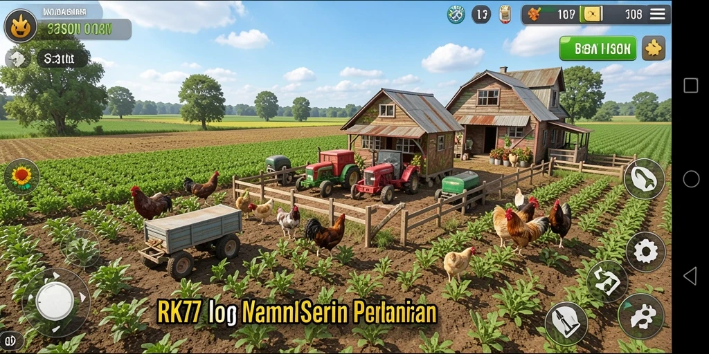 Screenshot menunjukkan gameplay menarik pertanian di RK77.